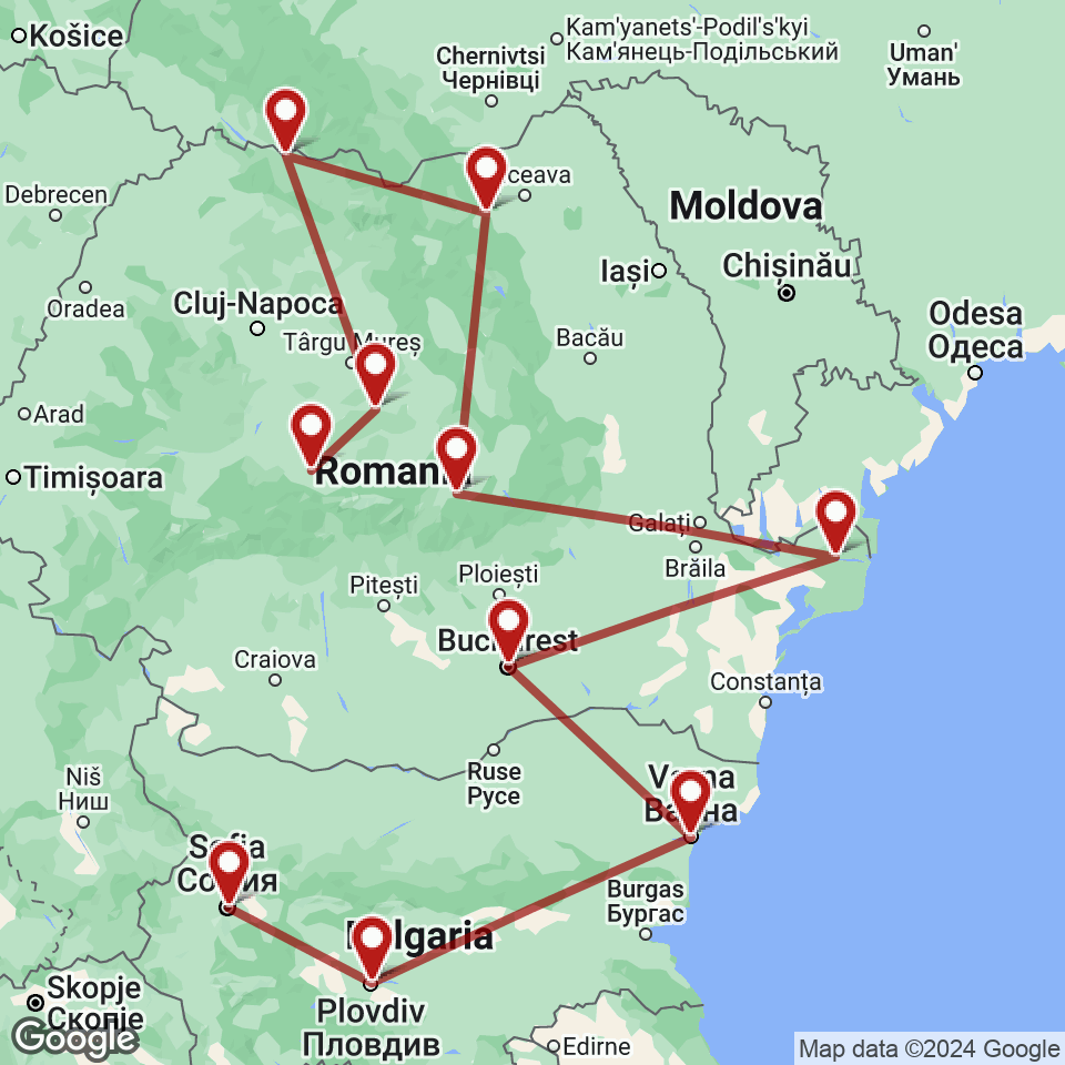 Route for Sofia, Plovdiv, Varna, Bucharest, Danube Delta, Brasov, Gura Humorului, Sighetu Marmatiei, Sighisoara, Sibiu tour